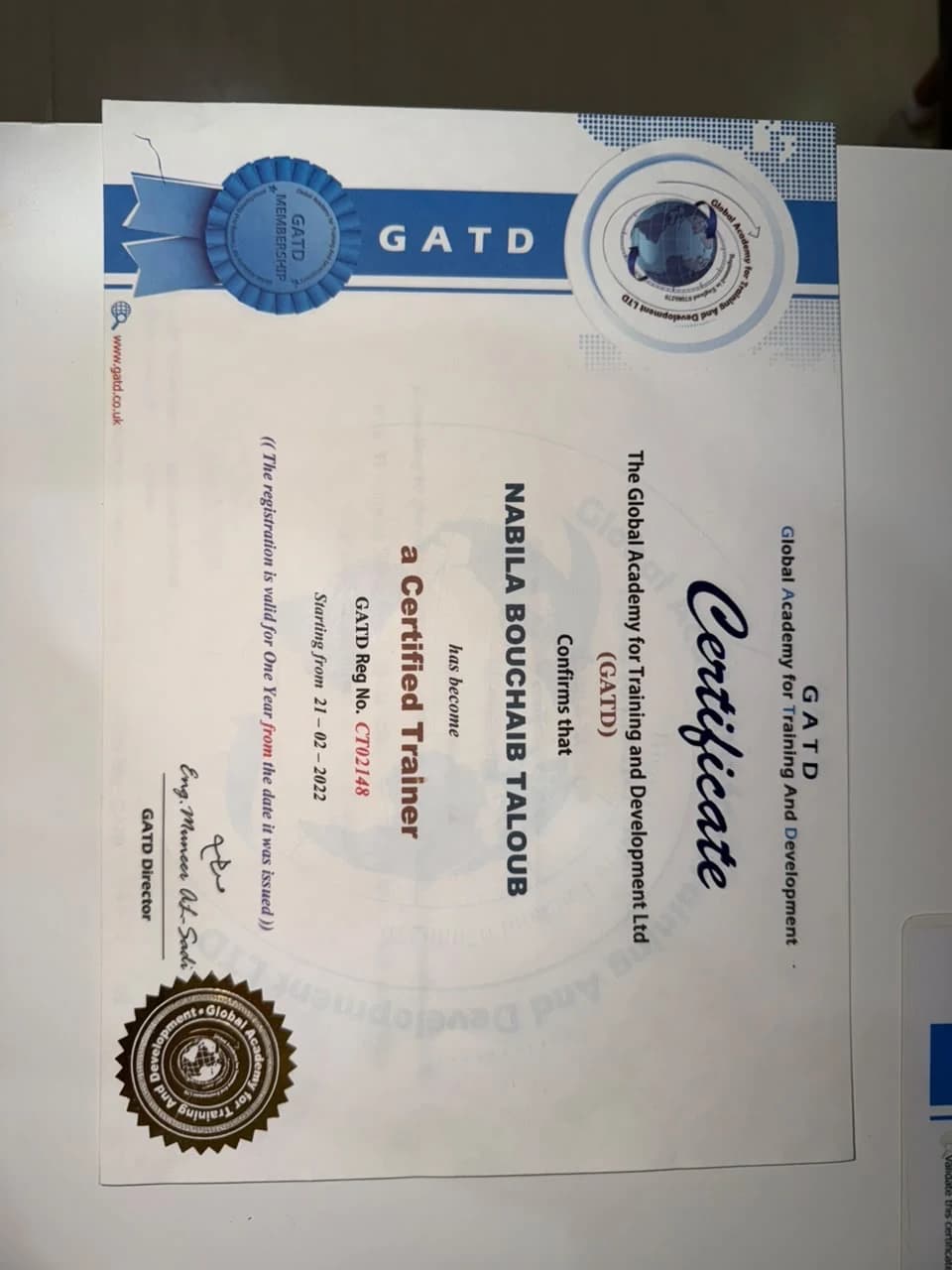 شهادة Certified Trainer من GATD